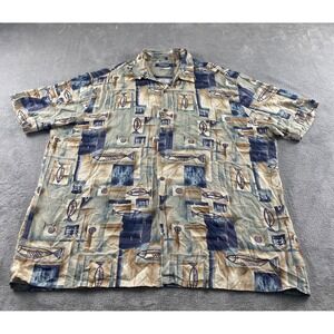 Windham Pointe Mens XXL Short Sleeve Button Down Shirt Blue Tan Abstract Fish